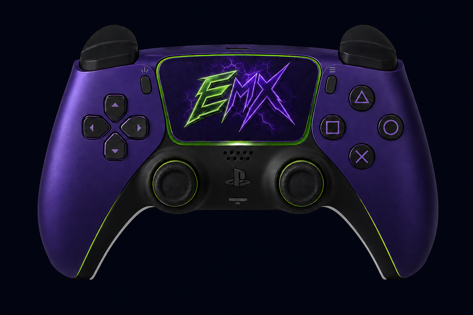 EMX custom PS5 controller concept with a purple shell, green trim and EMX touchpad branding
